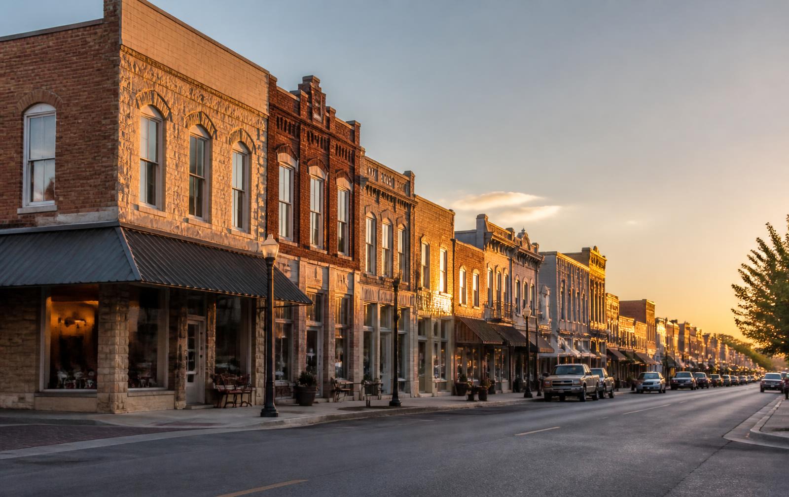 Historic small-town Texas main street at golden hour